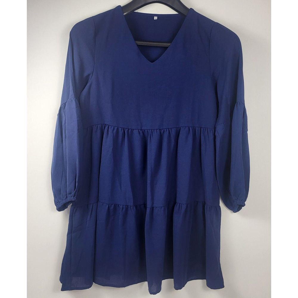 Women's Swing Shift Tiered Dress Round Neck Long Sleeve Navy Blue Size Medium